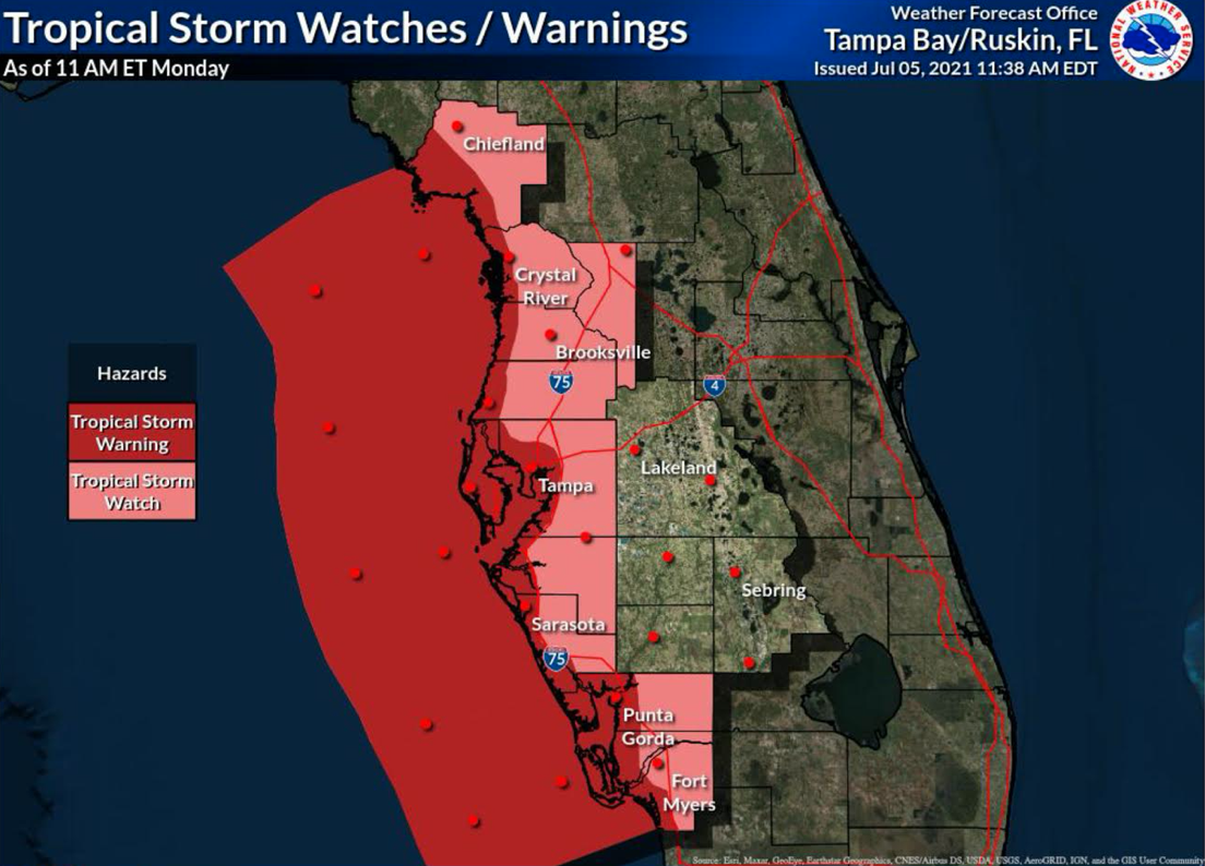 Elsa tropical storm watch/warning zone