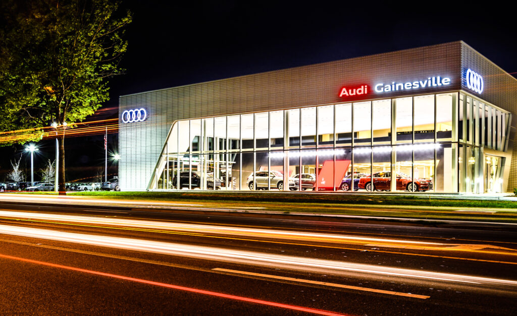 Night photo of Audi Gainesville
