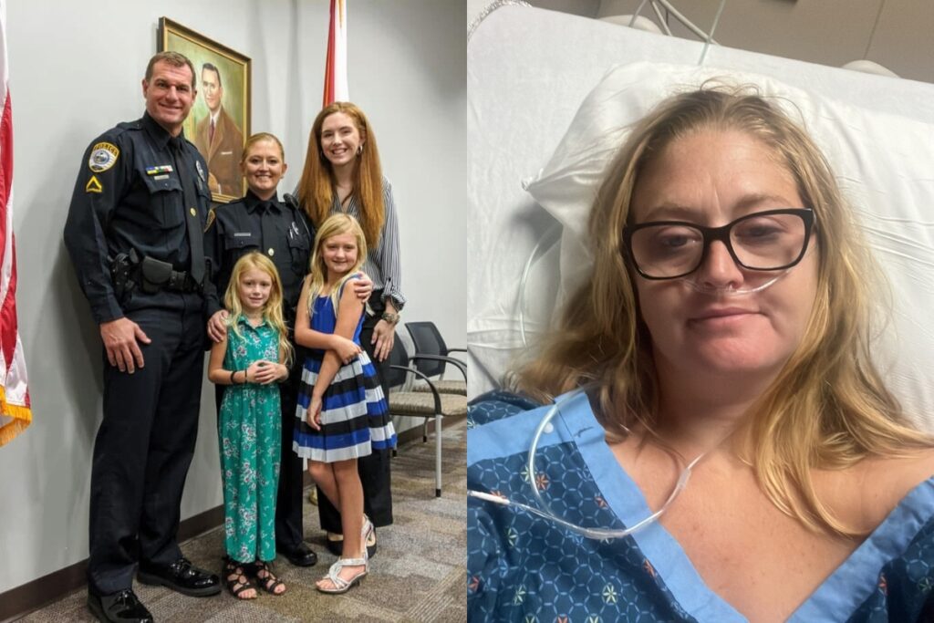 Kelly Maloney with her family (left, standing center) and in the hospital (right).